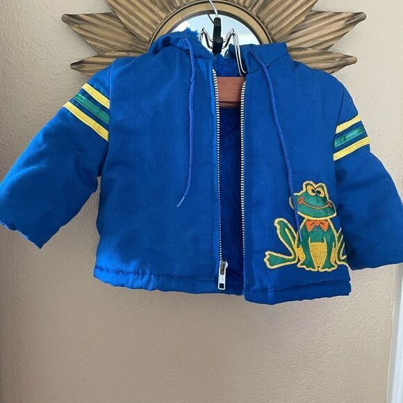 Kids Vintage 80’s Embroidered Frog Blue Hooded Fur lined Zip up Coat 12 mths - Picture 2 of 11